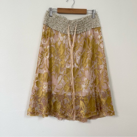 POLECI White & Gold Floral Silk Skirt Lined Size 8 - Picture 1 of 5